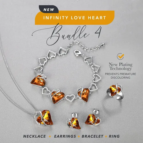 Vista 2 de Leafael Infinity Love - Juego de joyas de corazón Collar con colgante, pulseras de eslabones, aretes de tuerca y anillo de corazón de cristal