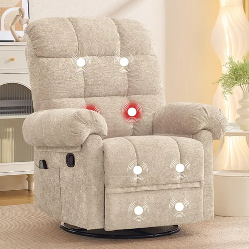 Vista 10 de Korser Silla reclinable giratoria de 360°, mecedora con masaje y calor, reclinables pequeños para espacios pequeños, silla reclinable manual