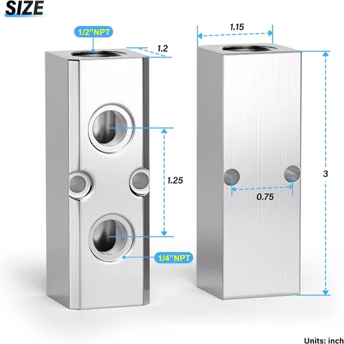 Vista 2 de TAILONZ PNEUMATIC Bloque de aluminio de derivación de 2 vías plateado, distribuidor de aire de distribución de aire de conducto neumático