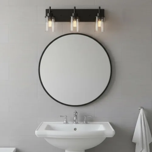 Vista 5 de Lámparas de tocador, lámparas de baño negro mate sobre el espejo, lámpara moderna de apliques de pared con pantalla de vidrio transparente (3 luces)