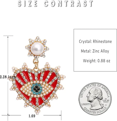 Vista 2 de SISOFTLY Aretes de ojo malvado, aretes colgantes de cristal con forma de corazón para mujer, aretes colgantes grandes