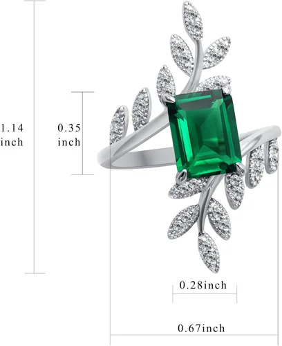 Vista 6 de MayaRuth Anillo cruzado único de plata de ley 925 con piedras preciosas de esmeralda creadas y simuladas, hoja de plumas de cóctel, vintage, largo