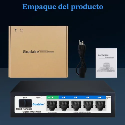 Vista 8 de Goalake Switch PoE administrado inteligente fácil de 5 puertos Gigabit y ranura SFP, con 4 puertos Gigabit PoE+@52W, diseño sin ventilador y metal