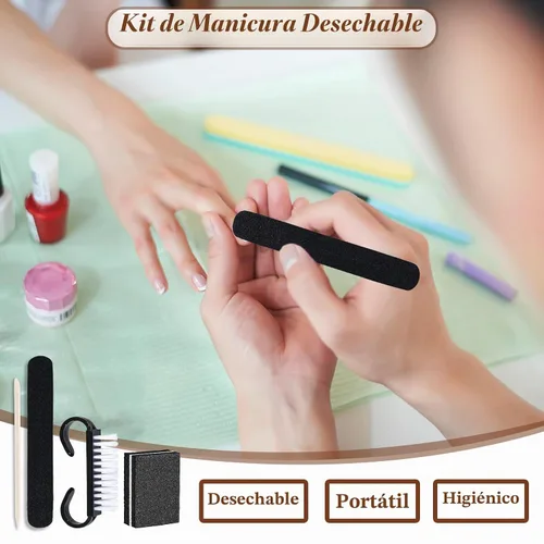 Vista 3 de 20 juegos de kit de manicura desechable básico de 4 piezas para viajes, cepillo de agarre, mini pulidor de uñas, lima de uñas y palo de madera