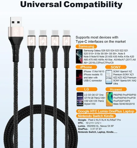 Vista 4 de SIQIWO Cable multiUSB C de carga rápida, [paquete de 4 pies/2] QC 3.0 (3A), cable divisor USB C, cable de carga 4 en 1 con 4 puertos tipo C
