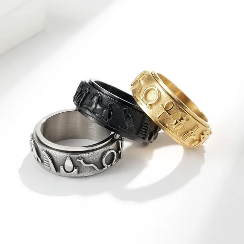 Vista 6 de nylry Anillos para ansiedad, anillo de acero inoxidable, anillo de ojo de Horus, anillos de Anubis negroplataoro, anillo giratorio para la ansiedad