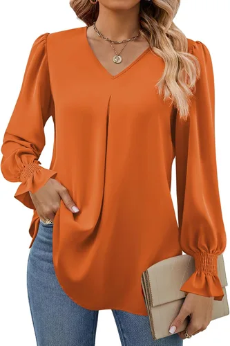 Vista 20 de Funlingo Blusas de mujer con mangas largas 2025, elegantes y casuales, con cuello en V, túnica suelta de gasa para el trabajo