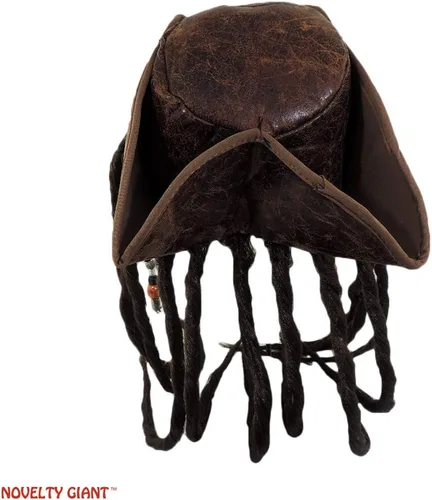 Vista 4 de Disfraz de pirata caribeño marrón envejecido, sombrero de tres maíz para adulto con rastas y parche en los ojos, Marrón, rojo