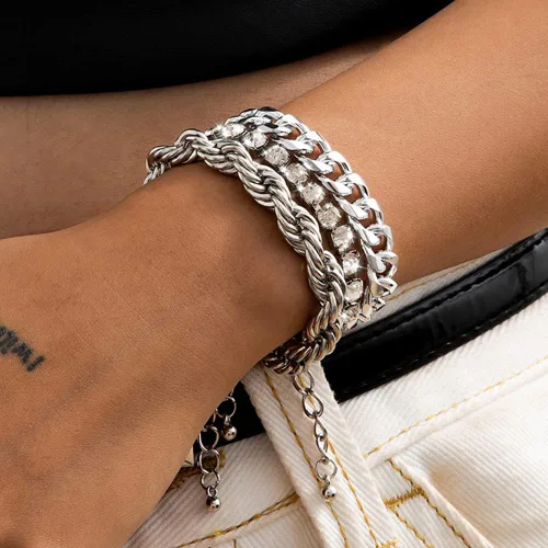 Vista 3 de Octwine Juego de pulseras de diamantes de imitación de moda para mujer, oro y plata, con colgante grueso, cadena apilable, brazalete ajustable