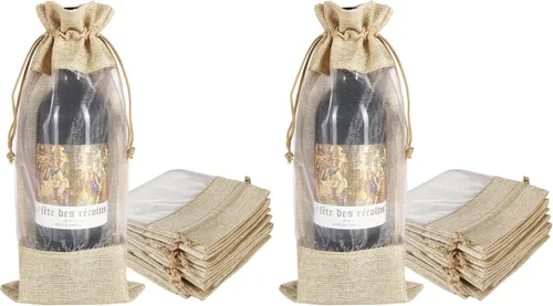 Vista 8 de HRX Package 10 piezas de bolsas de vino de arpillera con ventana transparente, bolsas de regalo de botella de tela de arpillera con cordón
