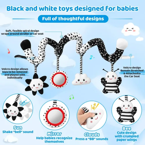 Vista 2 de Juguetes Colgantes para Asiento de Coche y Juguetes para Cochecito para Bebés de 0-6 Meses, Juguetes de Bebé de Alto Contraste para Recién Nacidos
