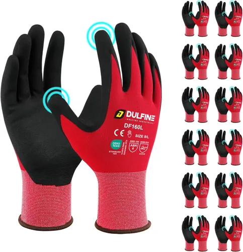 Vista 13 de Guantes de trabajo de seguridad con revestimiento de nitrilo de microespuma, paquete de 12 pares, guantes de nailon de punto sin costuras azules