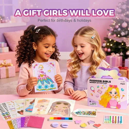 Vista 7 de Jar Melo Libros de actividades de maquillaje para niñas de 4 a 8 años, kit de manualidades 6 en 1 con arte de aluminio, calcomanías de gemas
