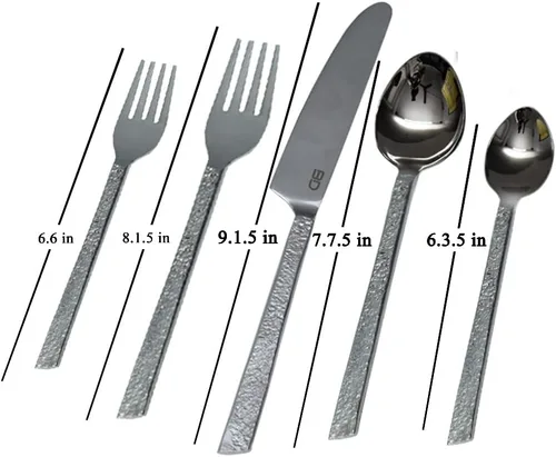 Vista 3 de Bold & Divine Hammered Silver - Juego de cubiertos de acero inoxidable de 5 piezas, incluye cuchillo, tenedor, cuchara, cubiertos de acero