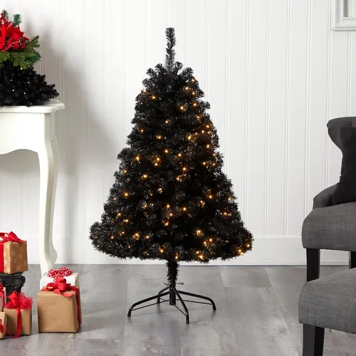 Vista 7 de Nearly Natural Árbol de Navidad artificial negro de 4 pies con 170 luces LED transparentes