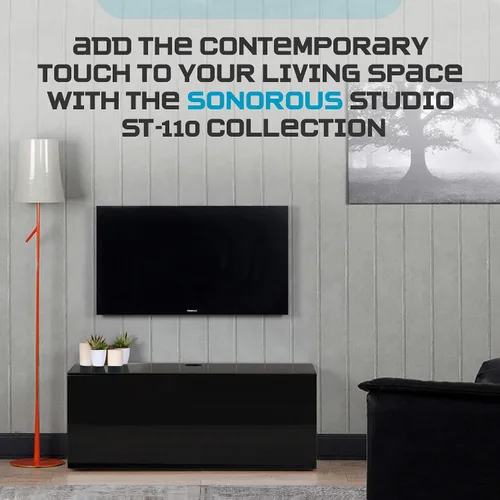 Vista 6 de SONOROUS ST-110 Soporte de TV premium con vidrio negro y cubierta de madera negra, centro de entretenimiento moderno y consola multimedia para sala