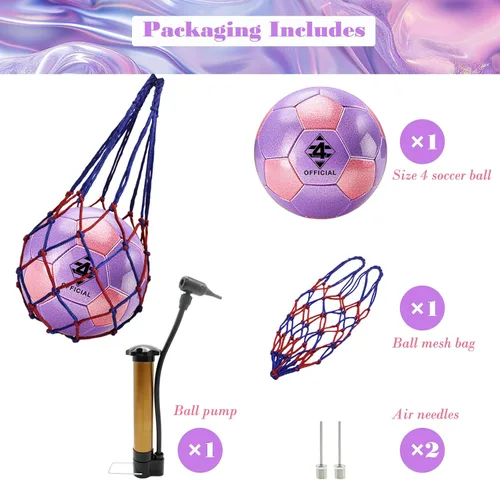 Vista 4 de Balón de fútbol rosa morado con purpurina, tamaño 3, 4, 5 con bomba y bolsa de aguja/malla, kit de pelota de fútbol de poliuretano Sofu