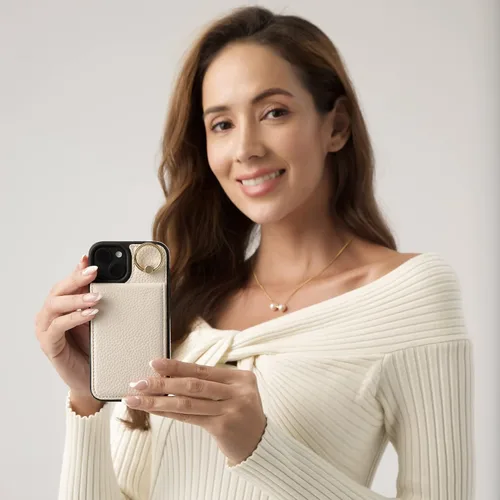 Vista 7 de Funda para iPhone 14 de 6.1'', Funda Cartera Cruzada Desmontable con Ranuras para Tarjetas con Bloqueo RFID, Anillo de Soporte de 360°, Funda Beige