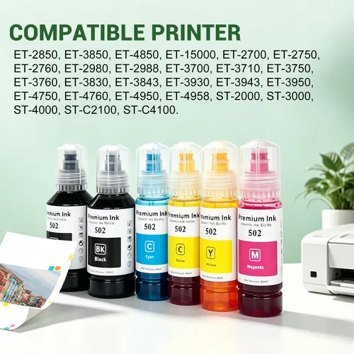 Vista 4 de LEDES Botellas de tinta de repuesto compatibles Epson 502, repuesto 502 EcoTank Ink Fit ET-2850 ET-3850 ET-4850 ET-15000 impresoras recargables