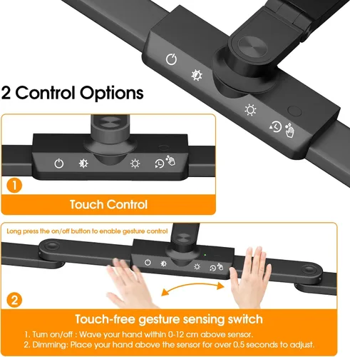Vista 3 de ShineTech Lámpara LED de escritorio para oficina en casa, 25 modos de iluminación, lámpara LED con brazo oscilante con abrazadera, sensor de gestos