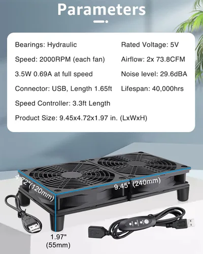 Vista 2 de GDSTIME Enfriador de ventilador silencioso con control de 3 velocidades, L/M/H, CC 5 V alimentado por USB dual 4.724 in ventilador de caja