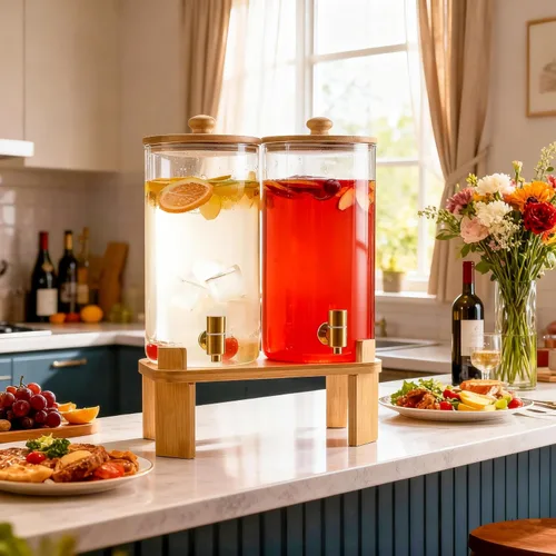Vista 2 de Paquete de 2 dispensadores de bebidas de vidrio de 1.5 galones para fiestas, dispensador de bebidas con soporte de madera, dispensadores de agua