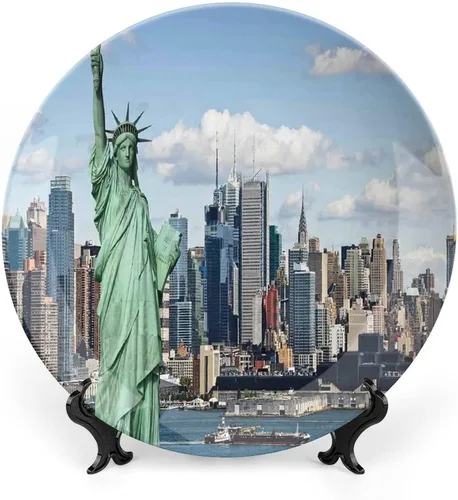 Vista 8 de XISUNYA Plato decorativo de 6 pulgadas, artesanía de cerámica de Nueva York, puente de Brooklyn y el horizonte de Manhattan bajo el amanecer rosa