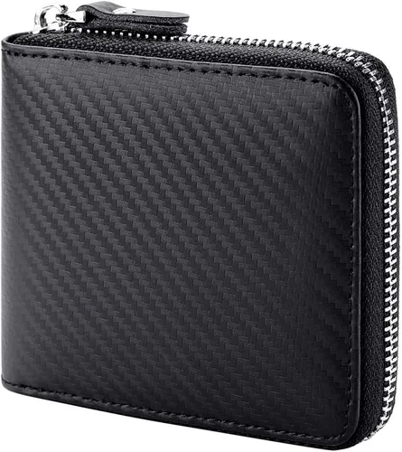 Vista 5 de Cartera de cuero con cremallera para hombre, con bloqueo RFID, con cremallera alrededor de la cartera, plegable, con múltiples tarjeteros