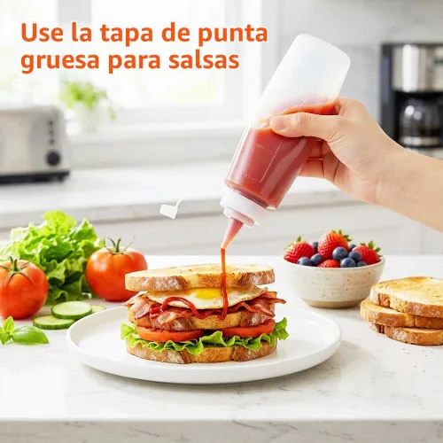 Vista 6 de Abnaok Botellas exprimibles para condimentos, paquete de 2 botellas de plástico de grado alimenticio de 8 onzas para salsas, recipientes