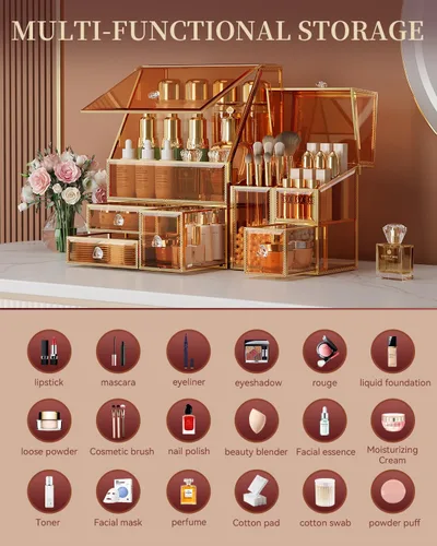 Vista 3 de CoralHouse Organizador de maquillaje ámbar, organizador de tocador de vidrio para cuidado de la piel, lápices labiales, perfumes, brochas