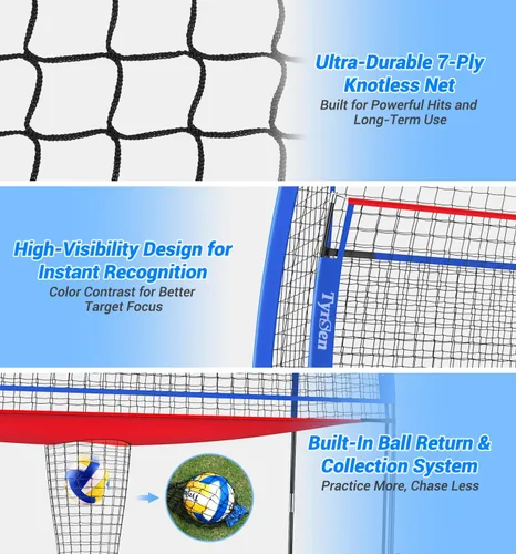 Vista 4 de Volleyball Practice Net with Ball Return System, Height Adjustable 6.5-8FT, 11 * 8FT Portable Volleyball Training Equipment for Serving, Spiking