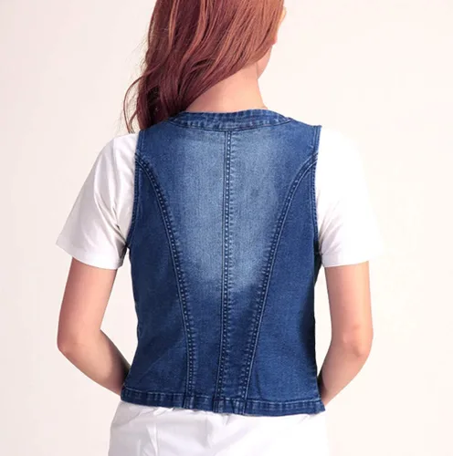 Vista 4 de Jade Hare Chaleco de mezclilla para mujer, chaquetas azules ajustadas, top corto, chaleco de mezclilla, sin mangas, ligero, para uso general