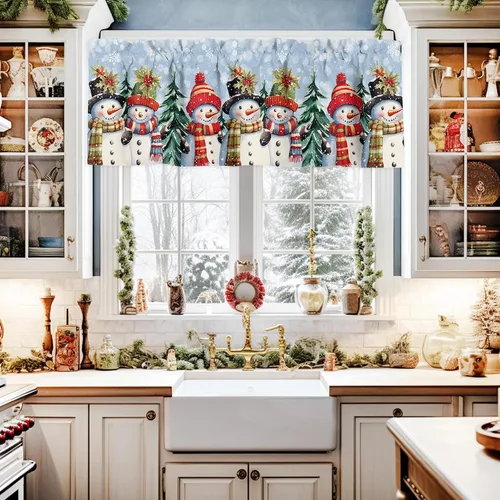 Vista 10 de Cenefa de cortina con lazo rojo de Navidad para ventanas, sala de estar, cocina, baño, granja, bolas de Navidad de acuarela con diseño de bayas