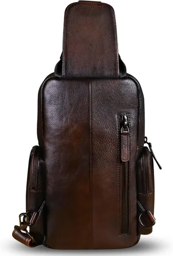 Vista 3 de IVTG Bolso de hombro de cuero genuino, mochila de viaje, mochila de senderismo, mochila casual, bolso de pecho vintage hecho a mano, mochila