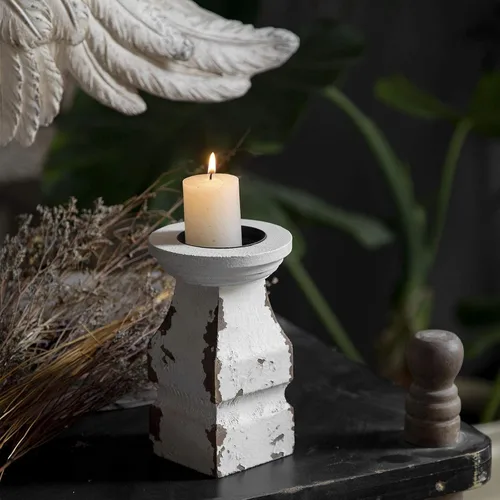 Vista 3 de Portavelas blanco envejecido para centros de mesa, portavelas rústico para velas de pilar, soporte de vela de madera de granja Shabby Chic