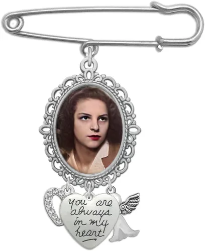 Vista 5 de Abalorio de recuerdo para ramo de boda, broche de fotos conmemorativas, dije de recuerdo para novia con corazón de diamantes de imitación, ángel