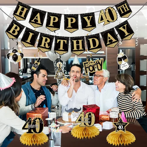 Vista 5 de Cartel decorativo de cumpleaños número 40 para hombres y mujeres, 10 piezas de pancarta de feliz cumpleaños 40, kit de espirales de nido de abeja