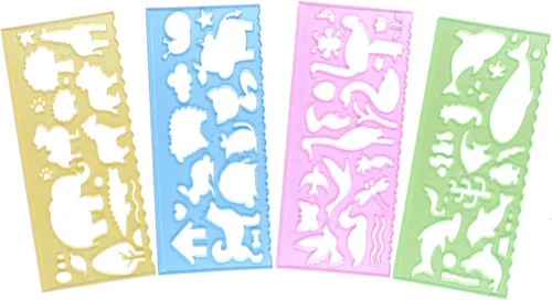 Vista 2 de BronaGrand 4 plantillas de dibujo para niños, regla de plástico, plantillas de pintura para niños, 4 colores transparentes