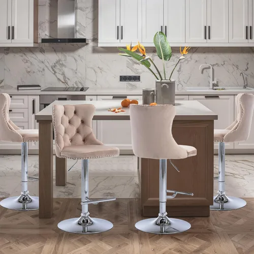 Vista 93 de SoarFlash Juego de 2 taburetes de bar tapizados de terciopelo moderno con patas de madera, botones acolchados, cabeza de clavo cromada, asiento