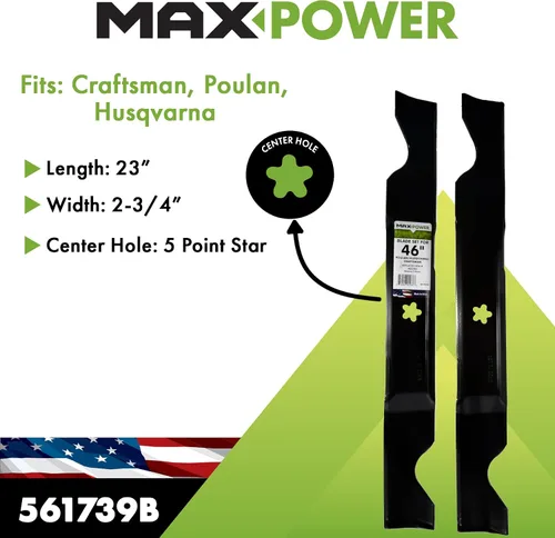 Vista 2 de MaxPower 561739B juego de 2 cuchillas para cortacésped de 46" para Craftsman, Husqvarna, Poulan. Reemplaza OEM no. 405380, 594892801, 532405380