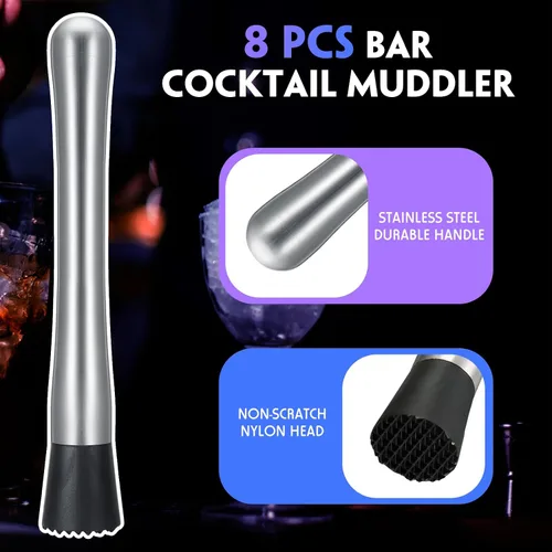 Vista 2 de Zonon 16 piezas de muddler para cócteles, de acero inoxidable, 8 pulgadas de largo, herramienta de mojito para bebidas, trituradora de hielo, juego