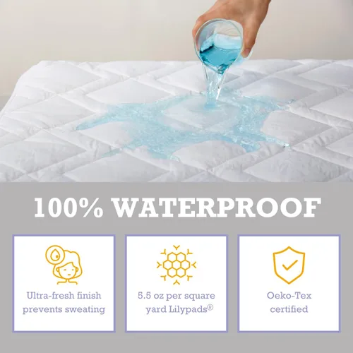 Vista 4 de Down Etc® Lily Pads - Protector de colchón acolchado impermeable con falda ajustada, individual, color blanco