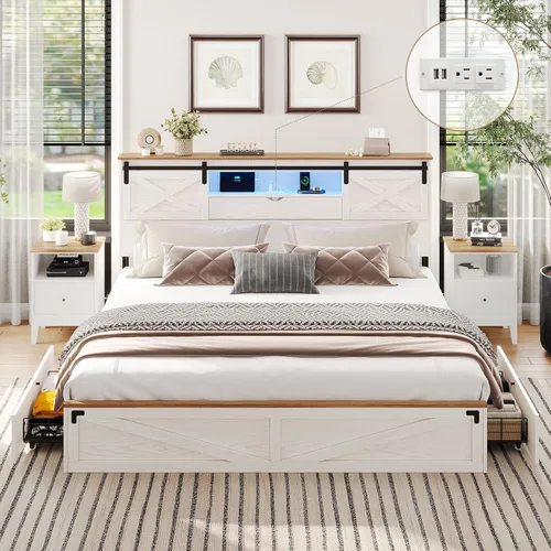 Vista 10 de Base de cama de tamaño King de estilo granja de Hasuit con estante de almacenamiento, cabecero, cama de madera King con luces LED, estación de Roble