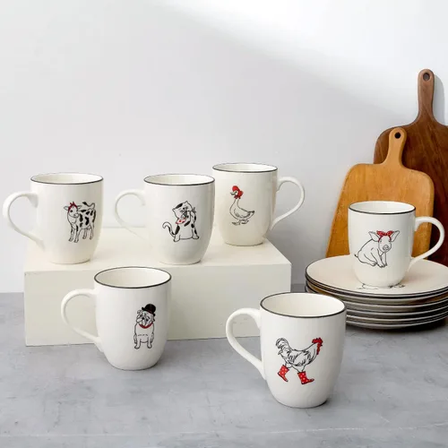 Vista 2 de LEHAHA Farmhouse - Juego de tazas de café de 16 onzas, tazas de cerámica grandes con asa, juego de 6, tazas de porcelana de Navidad para café, té