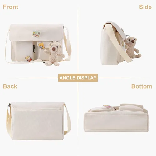 Vista 2 de Bolso cruzado de lona con pines Kawaii y colgante para mujeres y niñas, bolso bandolera casual para estudiantes