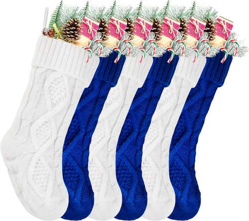 Vista 23 de Medias de Navidad a granel, medias de punto trenzado azul de 18 pulgadas para decoración navideña de vacaciones, paquete de 6