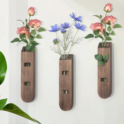 Vista 8 de Paquete de 3 macetas de pared de madera, arte de pared bohemio para entrada y decoración de baño, decoración moderna de granja, jarrón de decoración