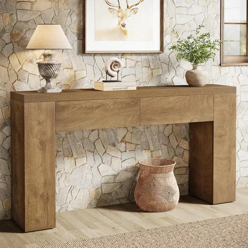Vista 10 de Tribesigns Mesa consola de madera de 63 pulgadas con 2 cajones ocultos, mesa de sofá marrón rústico de granja para sala de estar, pasillo, entrada