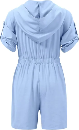 Vista 2 de LIONJIE Enterizo de verano para niñas con pantalones cortos sin mangas con volantes, cuello en V con capucha y bolsillos laterales para niños