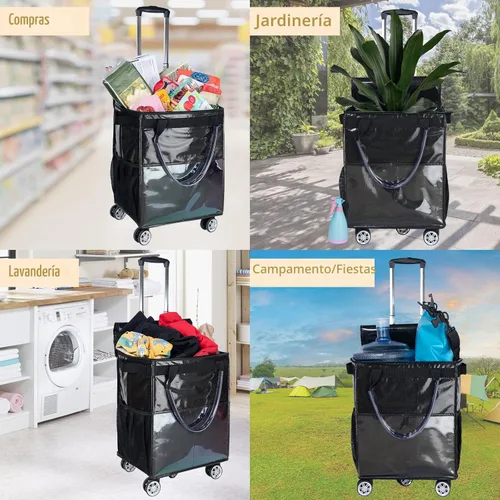 Vista 7 de Bolsas de comestibles reutilizables sobre ruedas, bolsa de asas con ruedas, carrito de compras portátil para comestibles con ruedas y bolsa con Negro